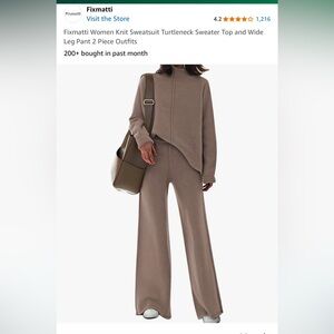 Women Knit Sweatsuit Turtleneck Sweater Top and Wide Leg Pant 2 Piece Outfits